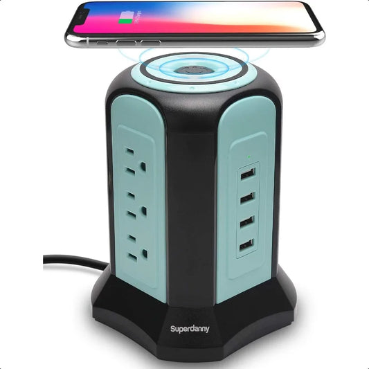 Power Strip Tower Wirel Charger Surge Protector Tower 10A 1080J Charger Station with 9 Outlets 4 USB Ports Extension Cord 10ft