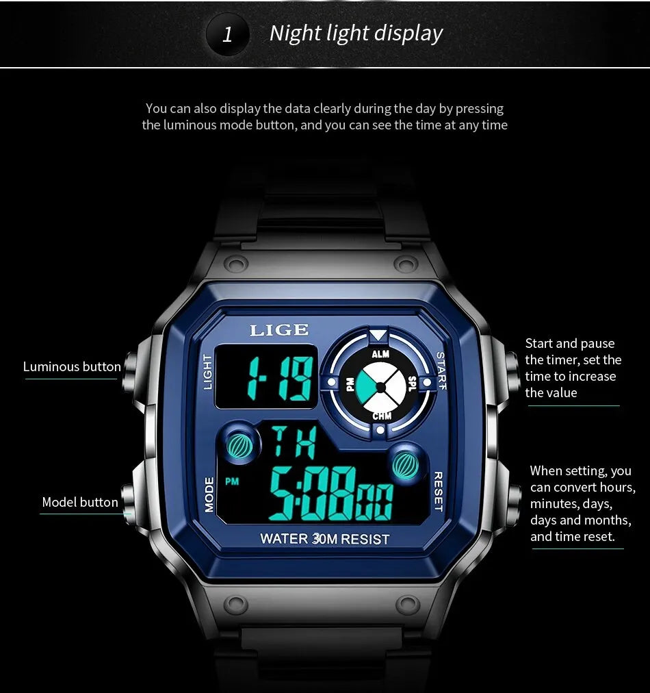 LIGE 2023 NEW Luxury Brand Men Watch Military Digital Watches Sport Wristwatch Mens Waterproof Clock Male Relogio Masculino