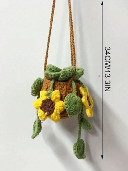 1pc Handmade Crocheted Green Radish Potted Plant Wool Ornament - Car Rearview Mirror Pendant / Car Hanging Decoration
