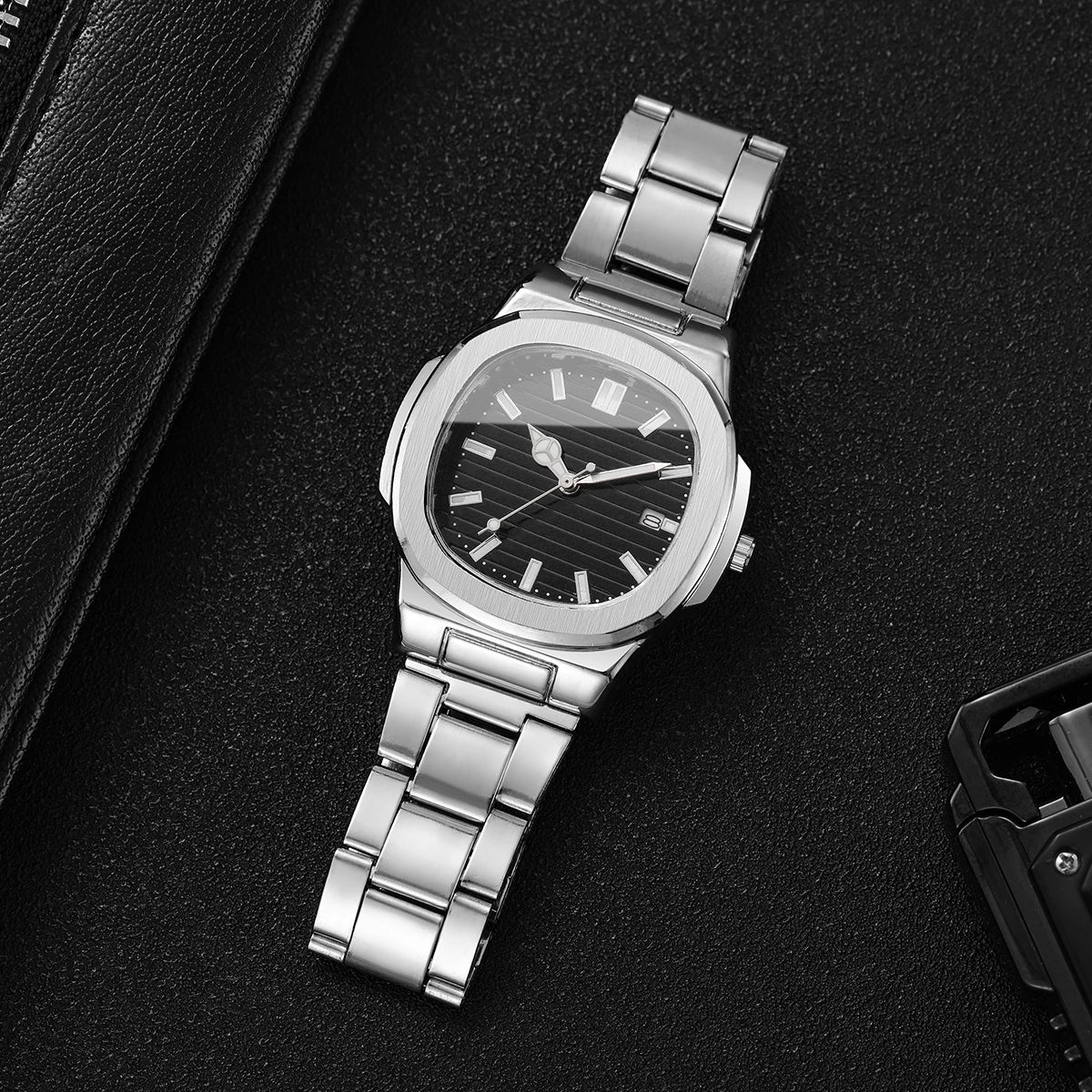 Men Fashion Wristwatches Business Square Dial Stainless Steel Strap Quartz Watch with Calendar For Mens Clock（Without Box）