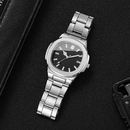 Men Fashion Wristwatches Business Square Dial Stainless Steel Strap Quartz Watch with Calendar For Mens Clock（Without Box）