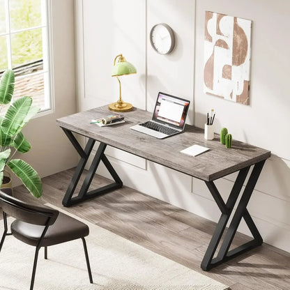 Writing Computer Desk, 55 inch Heavy Duty Study Desk with Z-Shaped Metal Leg, Grey