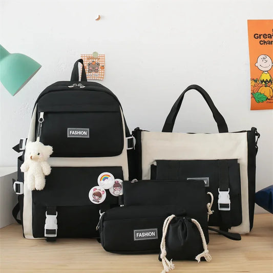 Five-Piece Set Large Capacity Fashionable Double Shoulder Backpack for Junior And High School Girls Primary School Students