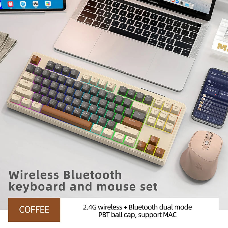 M87 Wireless Keyboard Gaming,87keys Dual Mode Bluetooth Keyboard with Rainbow-light RGB,PBT Ballcaps for Silent Office Gaming