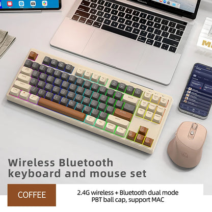 M87 Wireless Keyboard Gaming,87keys Dual Mode Bluetooth Keyboard with Rainbow-light RGB,PBT Ballcaps for Silent Office Gaming