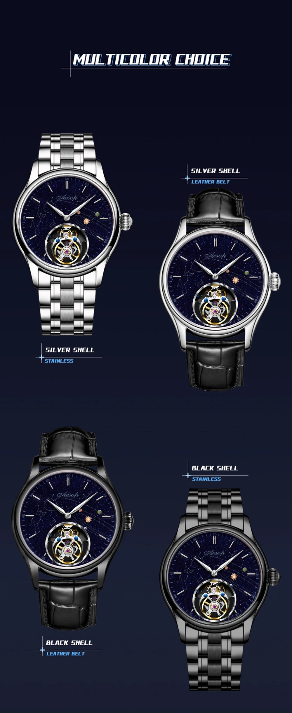 AESOP Mens Luxury Real Flying Tourbillon Mechanical Sapphire Waterproof Watch Skeleton Watches for Men Wristwatches Male 2025 A