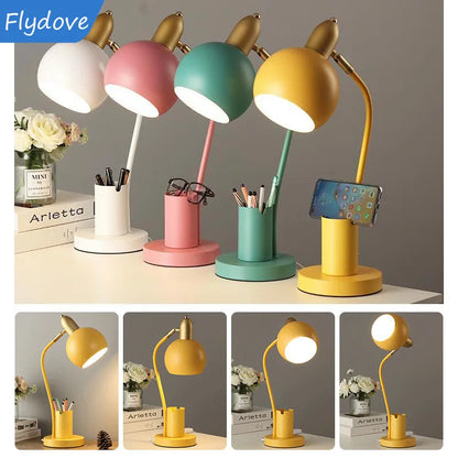 Nordic Iron Art LED Macaron Desk Lamp Eye Protection Dimming Metal Pen Holder Table Lamp Living Room Bedroom Home Decor Lighting