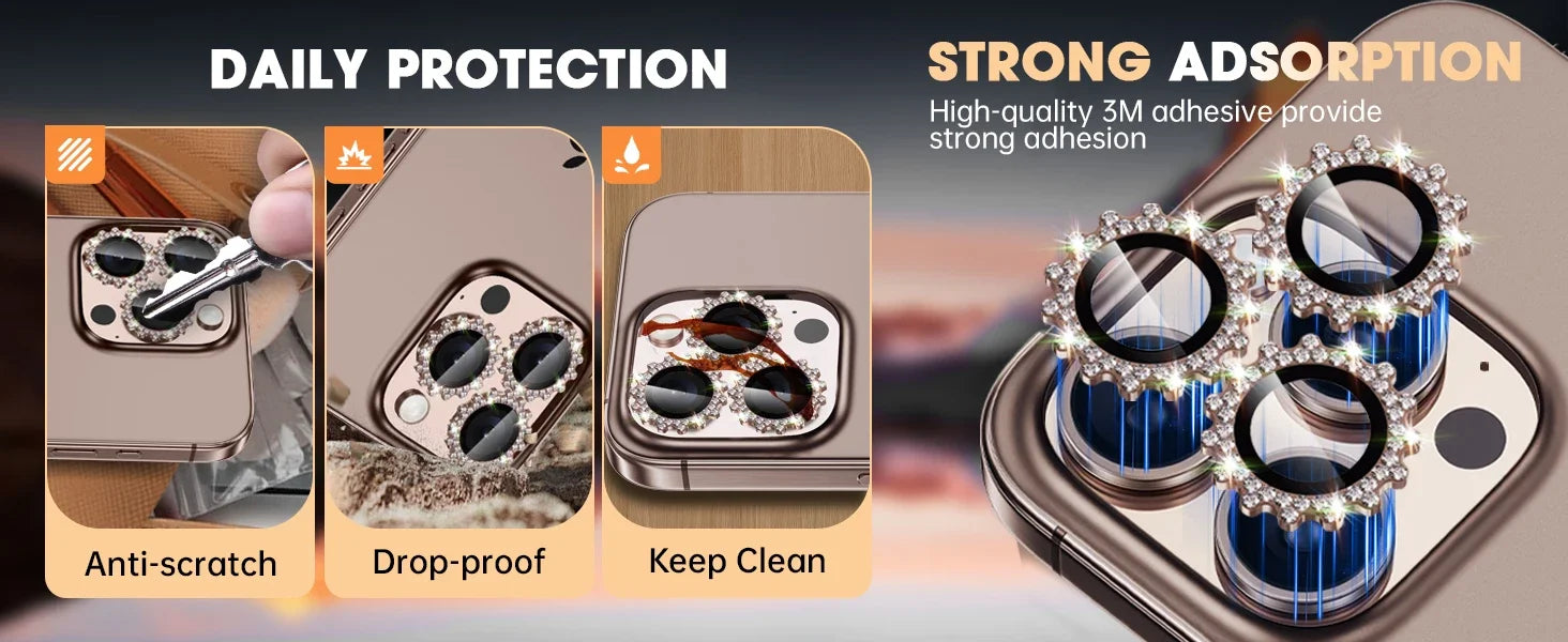 2-3Pcs Bling 3D Metal Gear Design Diamond Camera Lens Glass Protector For IPhone 16 17 Pro Max 16Plus Case Friendly Rings RELUX.STORE