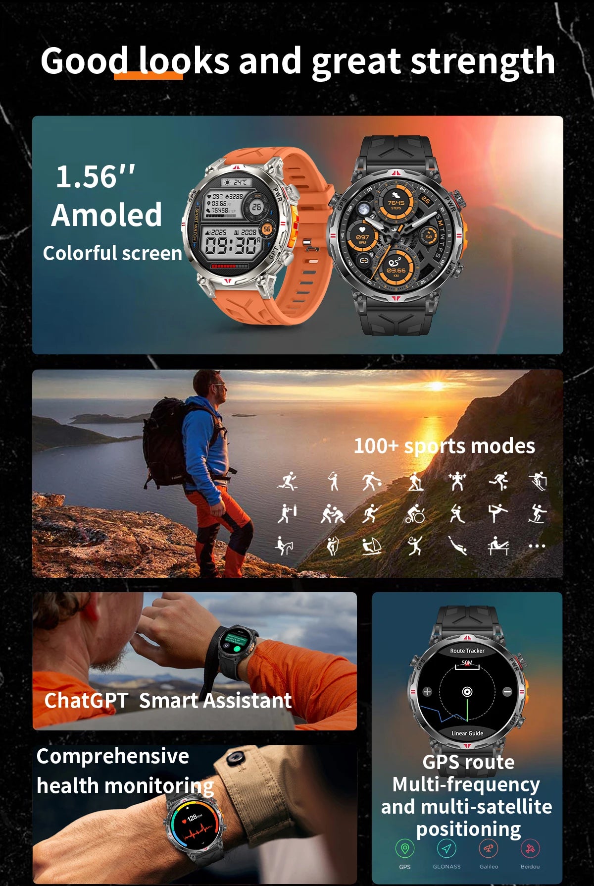 2025 New Military AMOLED HD SmartWatch 650Mah Battery GPS Compass 5ATM Waterproof Tactics 100+ Sport BT call Smart Watch For Men