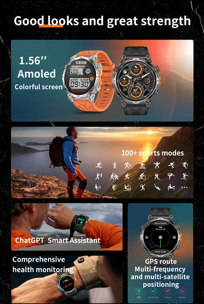 2025 New Military AMOLED HD SmartWatch 650Mah Battery GPS Compass 5ATM Waterproof Tactics 100+ Sport BT call Smart Watch For Men