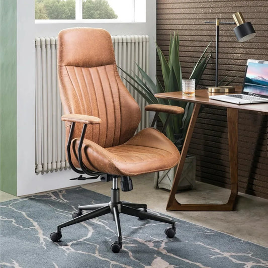 Ergonomic Mid-Century Modern Leather Office Chair with Lumbar Support High Back Swivel Rolling Executive Chair for Home Use