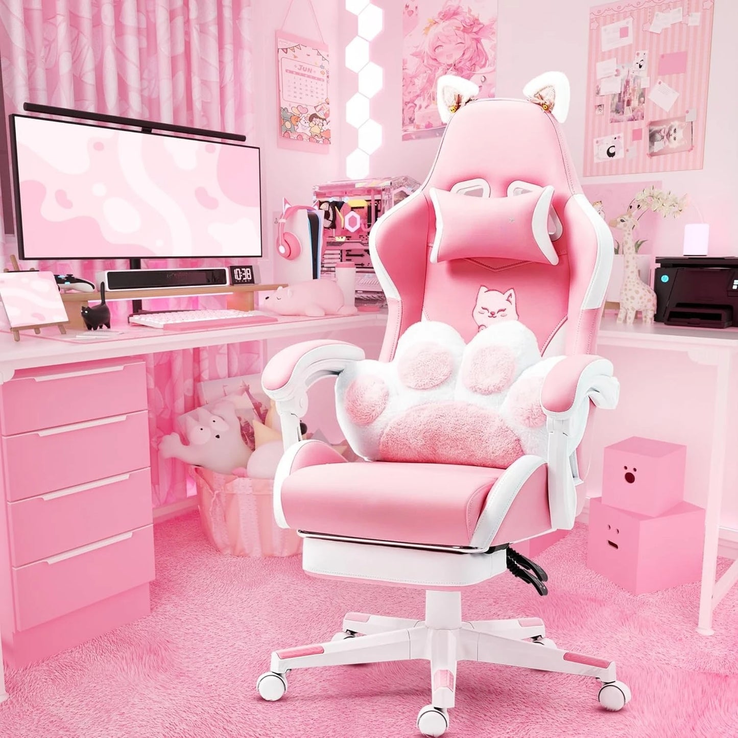 Cute Gaming Chair with Lumbar Cushion and Decorated Ears, Ergonomic Computer Chair with Footrest, Reclining PC Game Chair