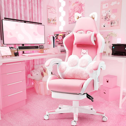 Cute Gaming Chair with Lumbar Cushion and Decorated Ears, Ergonomic Computer Chair with Footrest, Reclining PC Game Chair