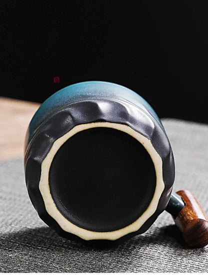 Handmade Ceramic Coffee Mug with Wooden Handle - Retro Tea Cup, Office Water Cup Filter Design, Unique Birthday Gift