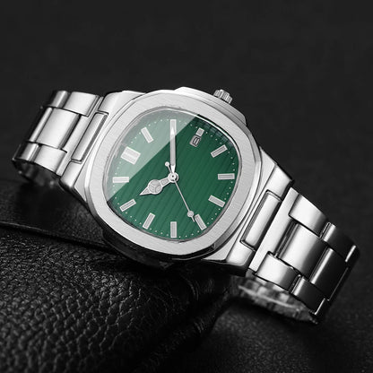 Men Fashion Wristwatches Business Square Dial Stainless Steel Strap Quartz Watch with Calendar For Mens Clock（Without Box）