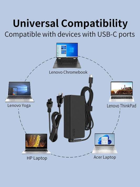 “Reletech 65W USB-C Laptop Charger – Fast Type-C Power Adapter for Lenovo ThinkPad, HP, Dell, Asus, Acer, Chromebook & Yoga | Universal Laptop Charging”