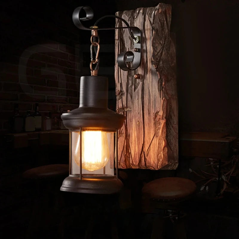Antique New Style Industrial Wood Wall Sconce Light Rustic Wall Lamp Decorate Wall Light Iron Metal Art For Bar Loft Corridor