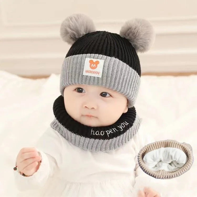 Cute Winter Warm Kids Girl Boys Baby Hats Fleece Wool Hemming Caps with Ball Solid Wool Ear Protection Hats Soft Newborn Bonnet