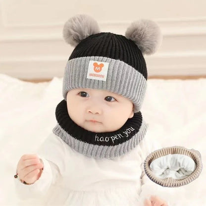 Cute Winter Warm Kids Girl Boys Baby Hats Fleece Wool Hemming Caps with Ball Solid Wool Ear Protection Hats Soft Newborn Bonnet