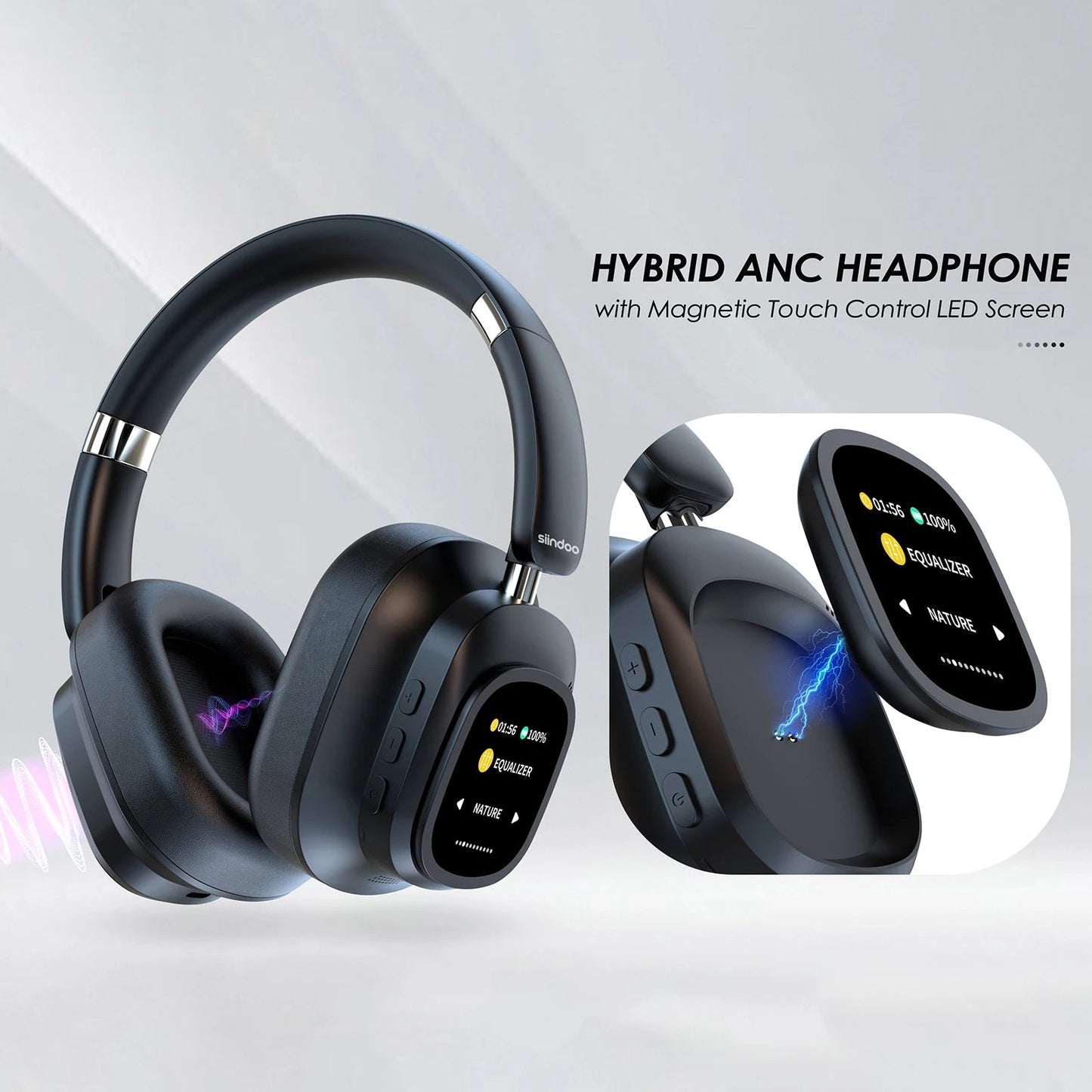 Siindoo JH-ANC930Plus Active Noise Cancelling Headphones, Hybrid Wireless Headphone With Multi Magnetic Touch Control LED Screen RELUX.STORE