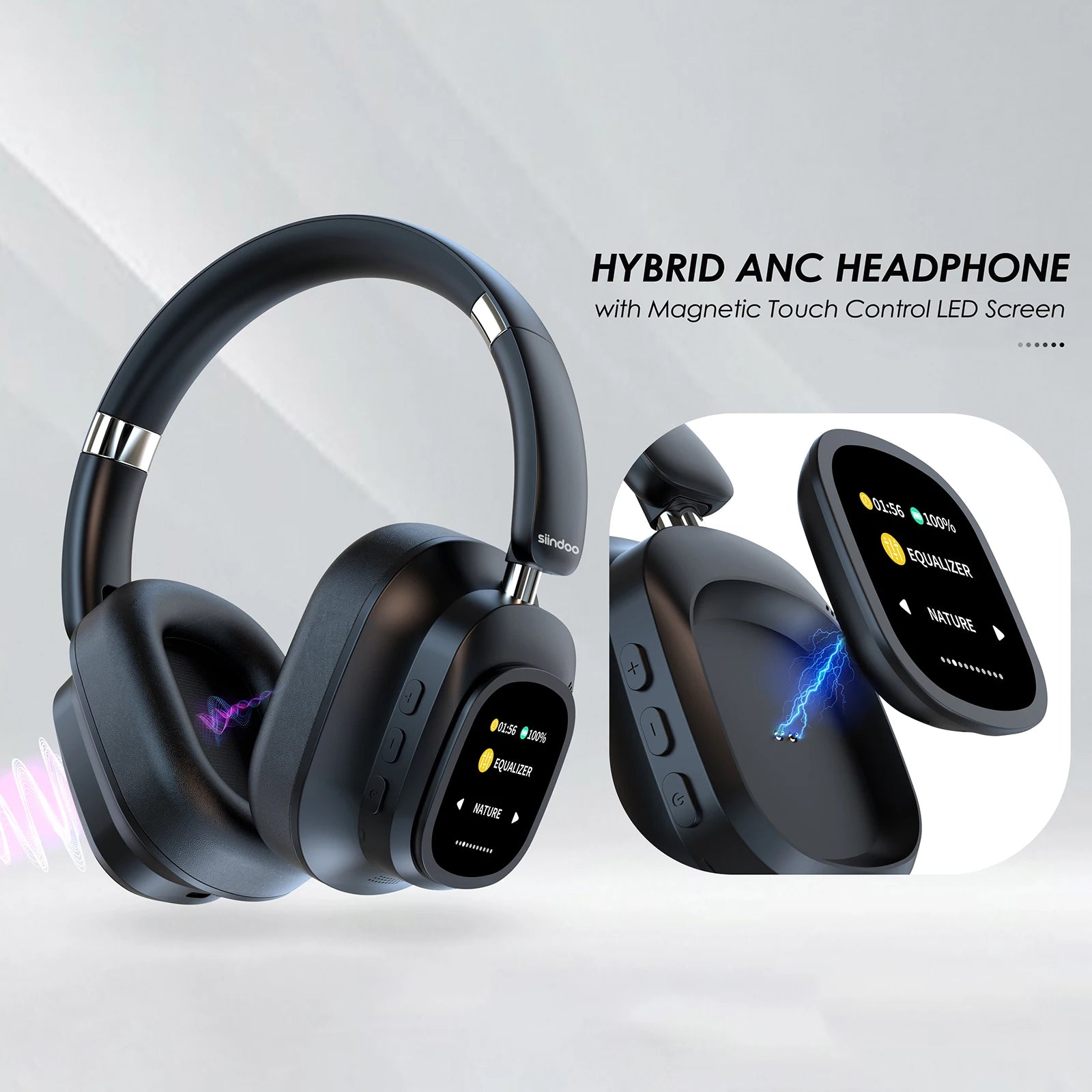 Siindoo JH-ANC930Plus Active Noise Cancelling Headphones, Hybrid Wireless Headphone With Multi Magnetic Touch Control LED Screen RELUX.STORE