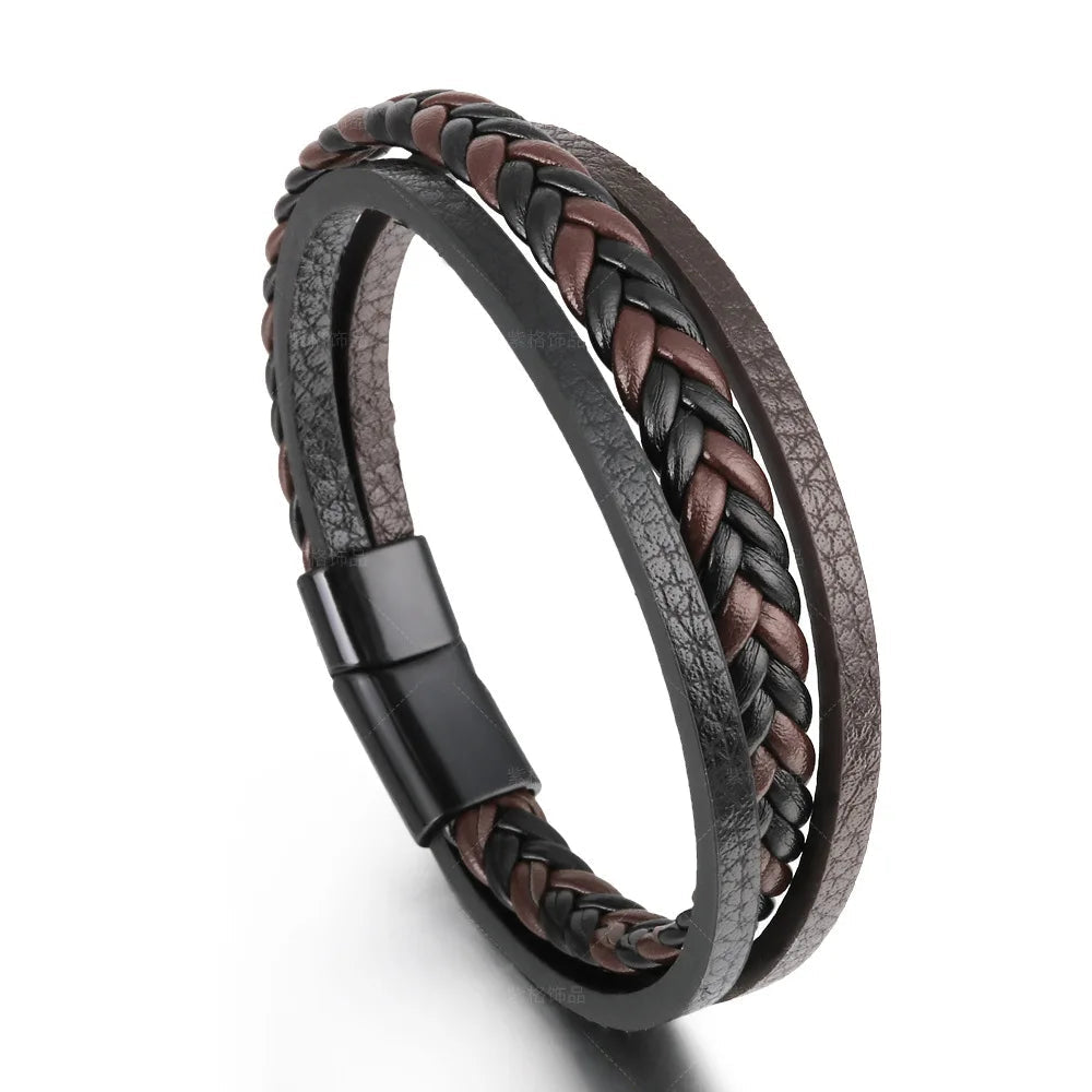 Trendy Leather Bracelets For Men Stainless Steel Bracelet 21CM Multilayer Braided Rope Bracelets for Male Jewelry Gifts RELUX.STORE