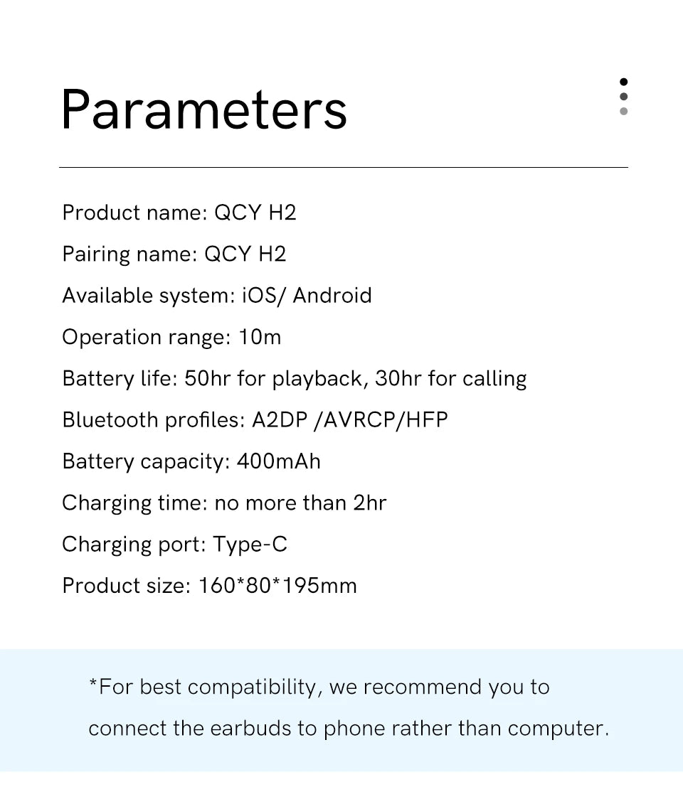 QCY H2 H2 Pro Wireless Headphones Bluetooth 5.3 BASS Mode Hifi Stereo Headset Over the Ear Gaming Earphones Dual Device Connect
