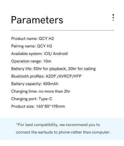 QCY H2 H2 Pro Wireless Headphones Bluetooth 5.3 BASS Mode Hifi Stereo Headset Over the Ear Gaming Earphones Dual Device Connect