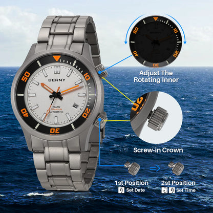BERNY Automatic Full Titanium Diver Watch for Men Supper Luminous Sappire AR coated Miyota 8215 Compressor Mechanical Dive Watch