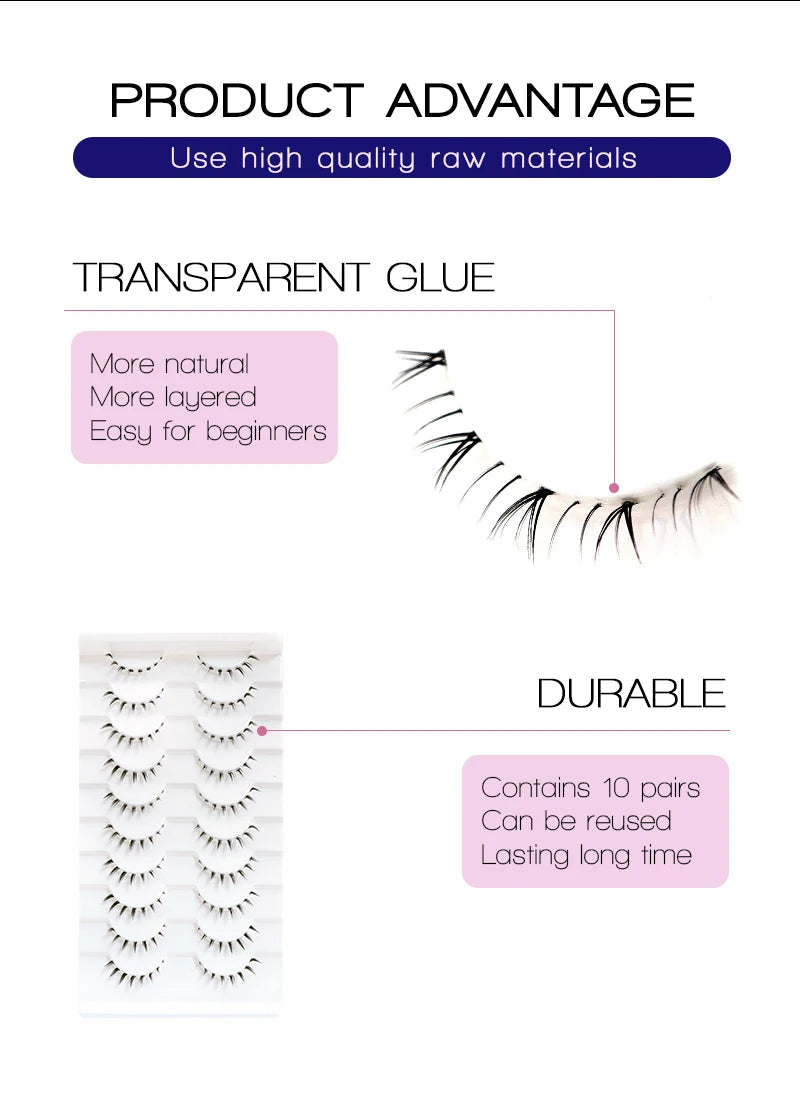 10Pairs Bottom Eyelashes Manga Lower Lashes Clear Band Wispy Small Flame Under Eye Lashes Korean Makeup Cosplay Tools RELUX.STORE