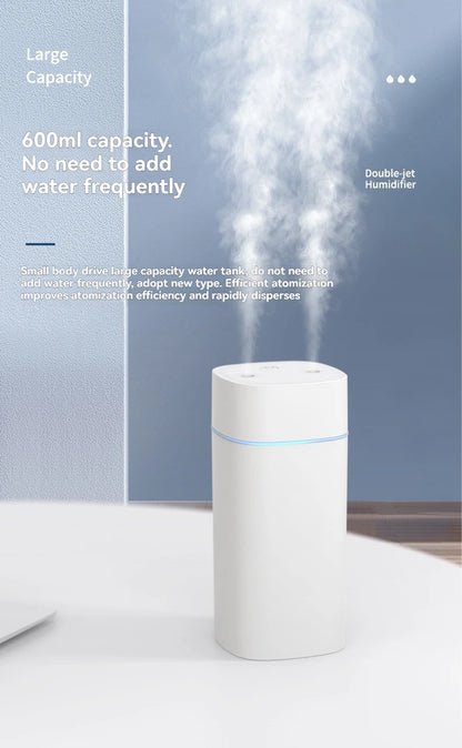 Dual-Nozzle USB Humidifier | 800ml/H Super Mist & Ultra Quiet | Car/Home Moisturizing Device