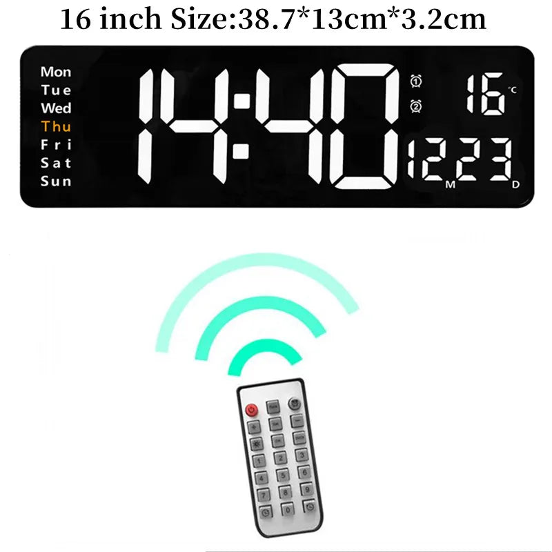 Large Digital Wall Clock Temp Date Week Display Remote Control Power Off Memory Table Clock Wall-mounted Dual Alarms LED Clocks