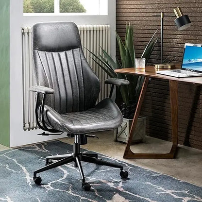 Ergonomic Mid-Century Modern Leather Office Chair with Lumbar Support High Back Swivel Rolling Executive Chair for Home Use