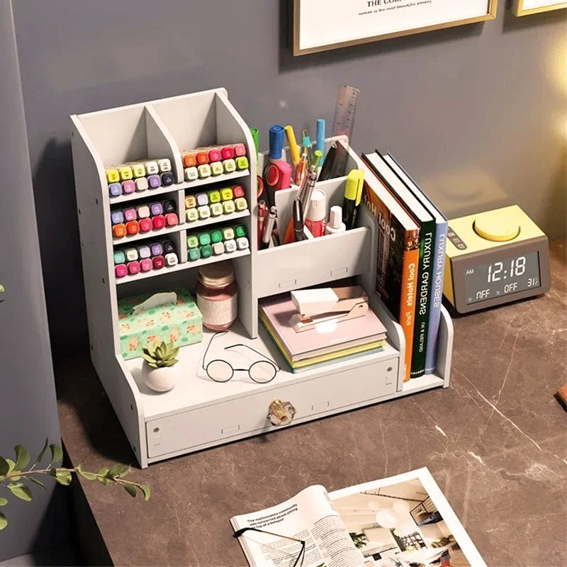 Wooden Desk Organiser DIY Desktop Tidy Pen Holder Large Capacity Stationery Storage Box with Drawer for Home Office and School