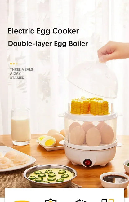 Multifunctional Electric Egg Cooker Steamer - Double Layer for Boil, Poach, Steam Eggs & Veggies, Compact Breakfast Appliance