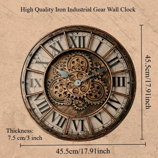 45cm Luxury Creative Wall Clock Vintage 3D Gear Rotating Design Art Wall Clock Home Large Index Silent Bedroom Decoration Clock