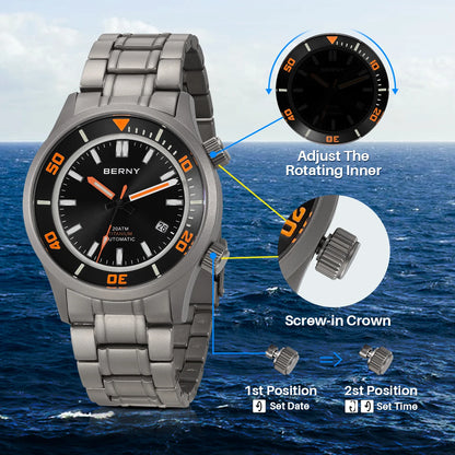 BERNY Automatic Titanium Diver Watch for Men Supper Luminous Sappire AR coated Miyota 8215 20ATM Mechanical Diving Men's Watches