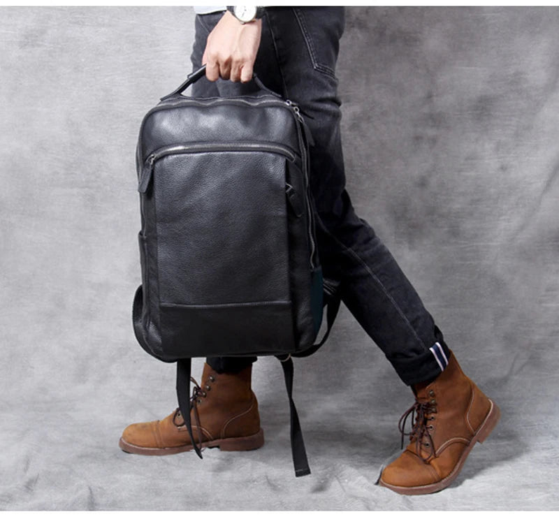 High Quality Fashion Genuine Leather Backpack Men Bagpack Student School Bag Backpack daily male Rucksack large Knapsack Black