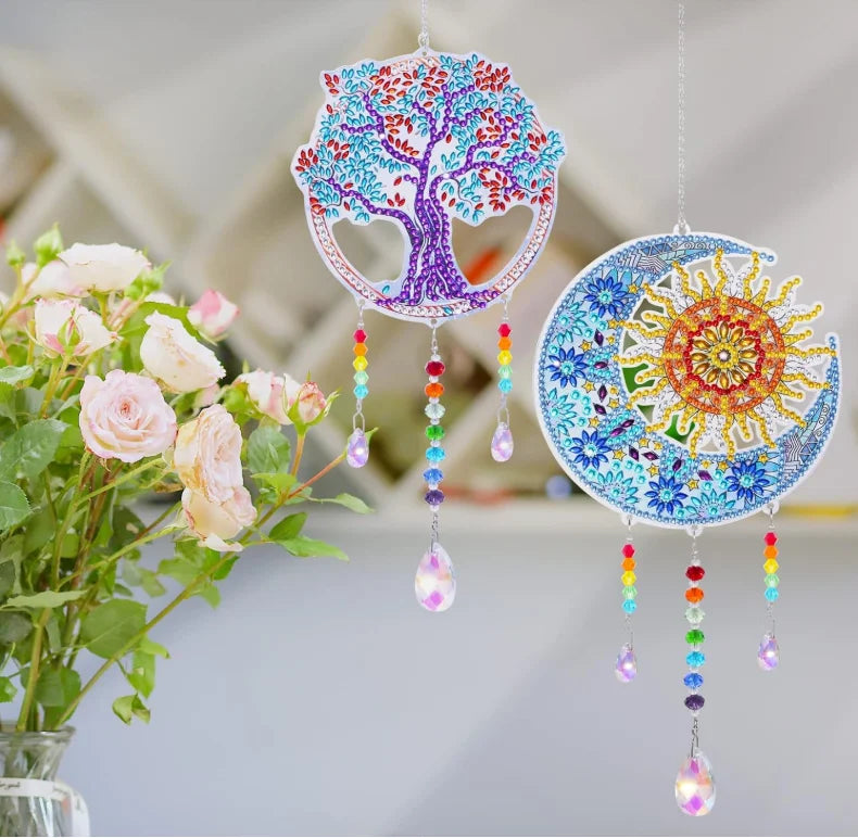 1 Acrylic Double-sided Super Flash Crystal Diamond Painting Captures Scenery Sun Moon Heart Tree Pattern DIY Wind Chimes