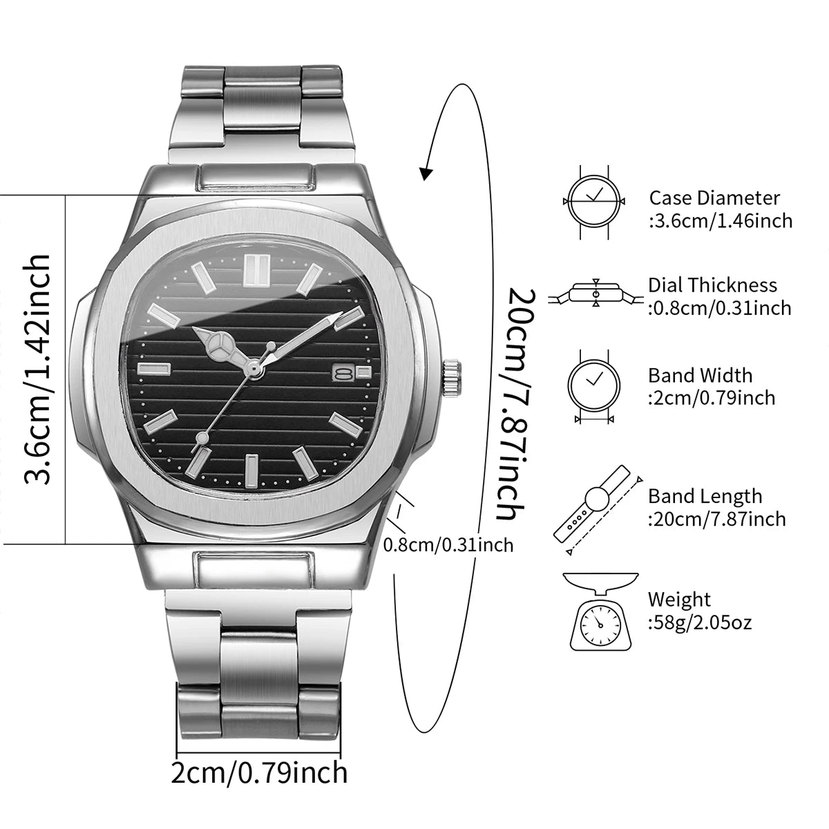 Men Fashion Wristwatches Business Square Dial Stainless Steel Strap Quartz Watch with Calendar For Mens Clock（Without Box）