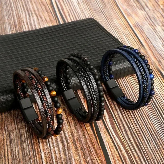 Men Leather Bracelet Classic Fashion Tiger Eye Beaded Multi Layer Leather Bracelet For Men Jewelry Gift RELUX.STORE