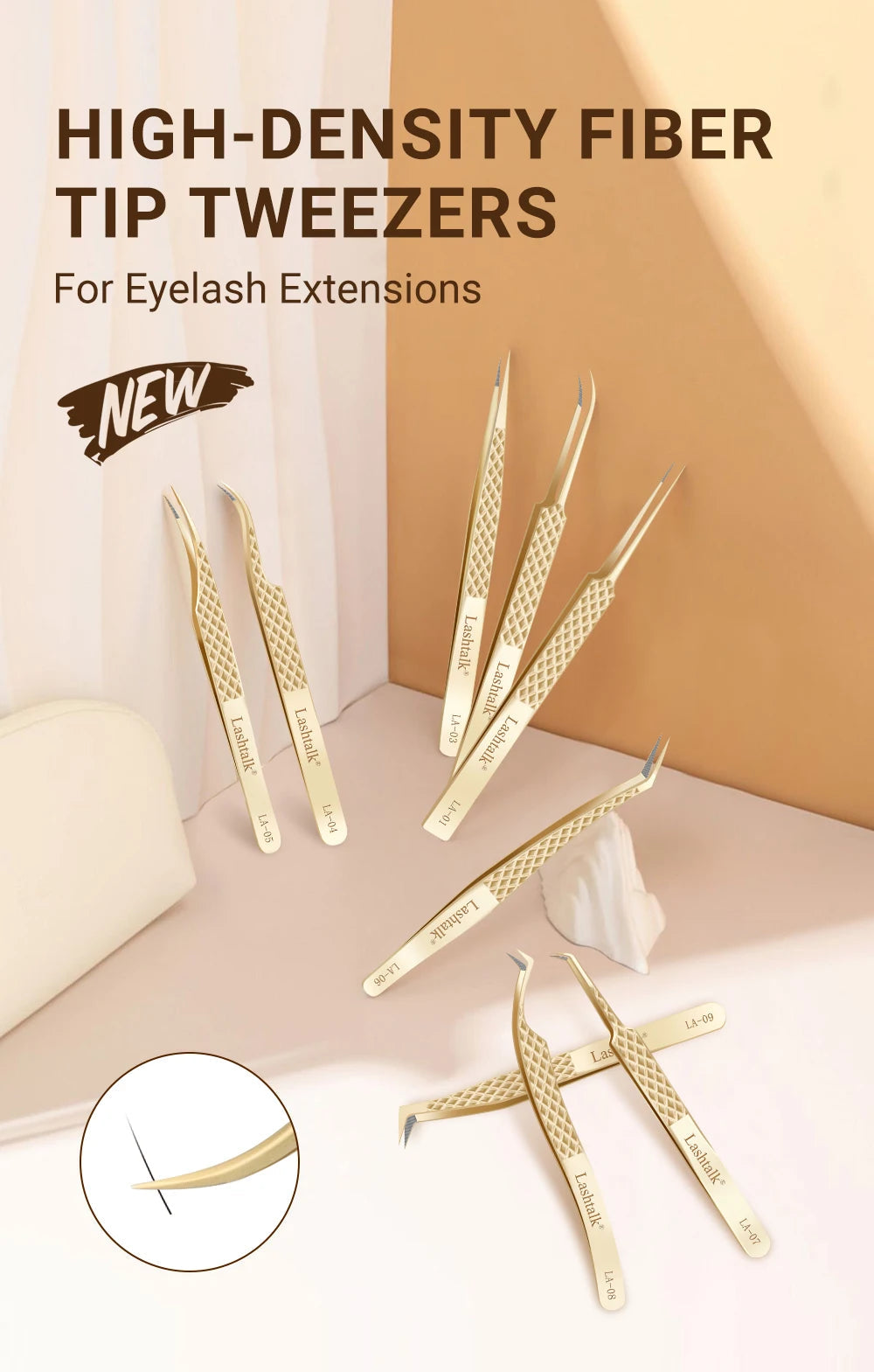 Lashtalk Precision Fiber Tip Tweezer Eyelash Extensions Diamond Grip Anti-Slip Premium Gold Stainless Steel Makeup With Box Pack RELUX.STORE