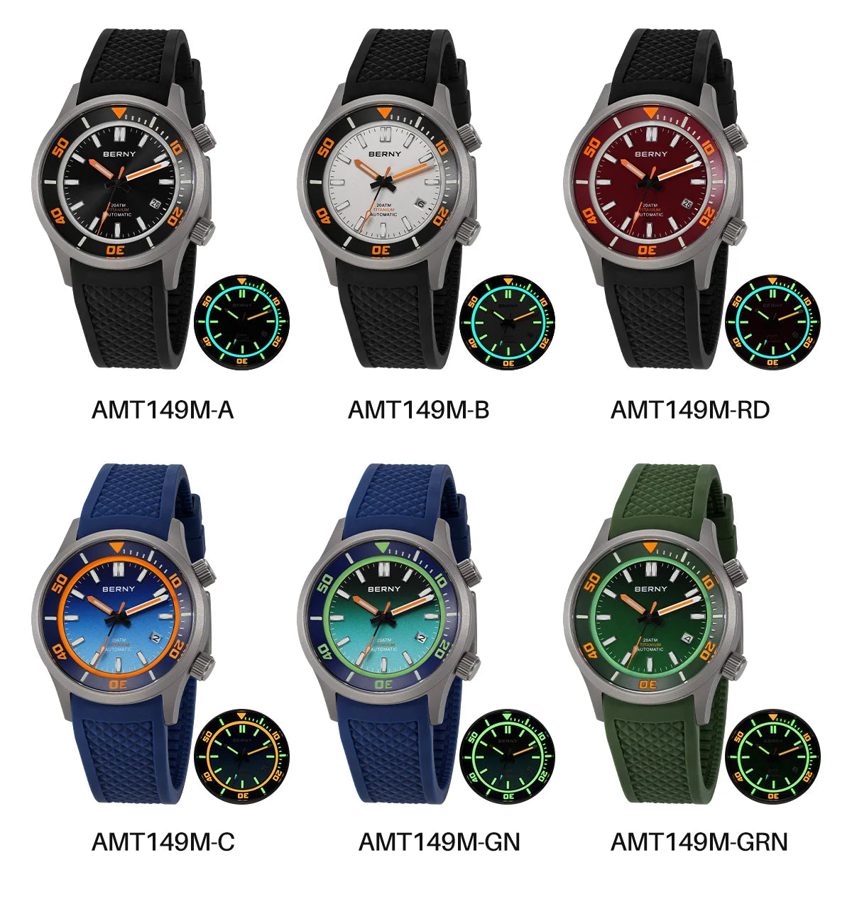 BERNY Automatic Titanium Diver Watch for Men Supper Luminous Sappire AR coated Miyota 8215 20ATM Mechanical Diving Men's Watches
