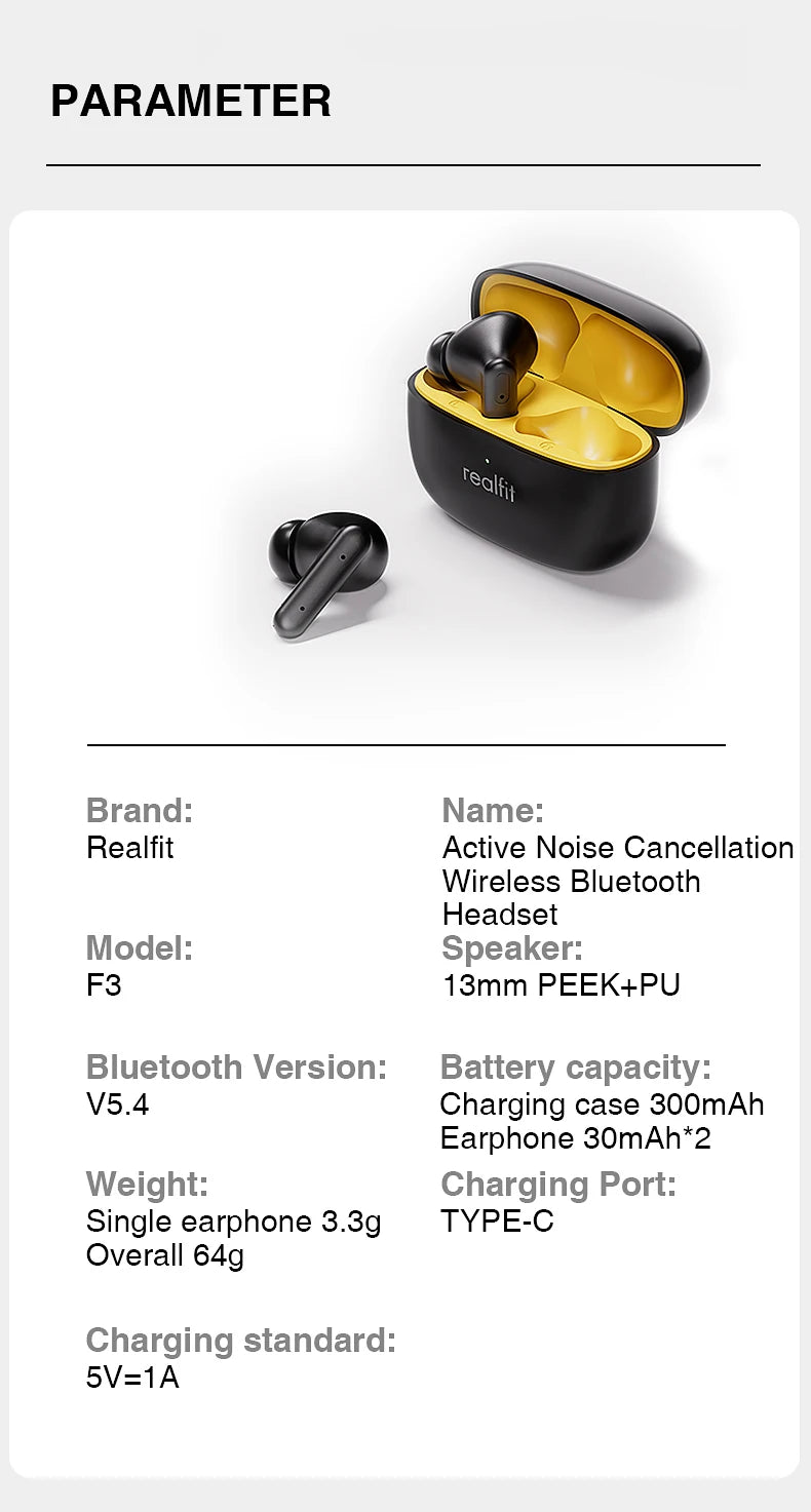 Realfit F3 ANC Active Noice Cancellation Bluetooth Earphones ENC Call HIFI Stereo Superb Bass Wireless Earbuds Sport Gaming RELUX.STORE