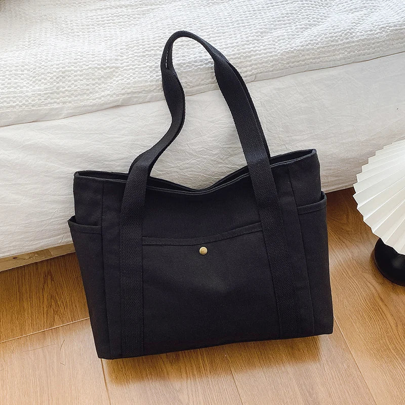 Canvas Women's Shoulder Bag Large Capacity Multiple Outer Pocket Zipper Tote Bag Student Handbag Shopping