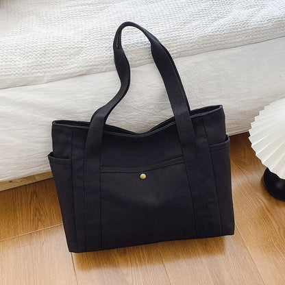 Canvas Women's Shoulder Bag Large Capacity Multiple Outer Pocket Zipper Tote Bag Student Handbag Shopping