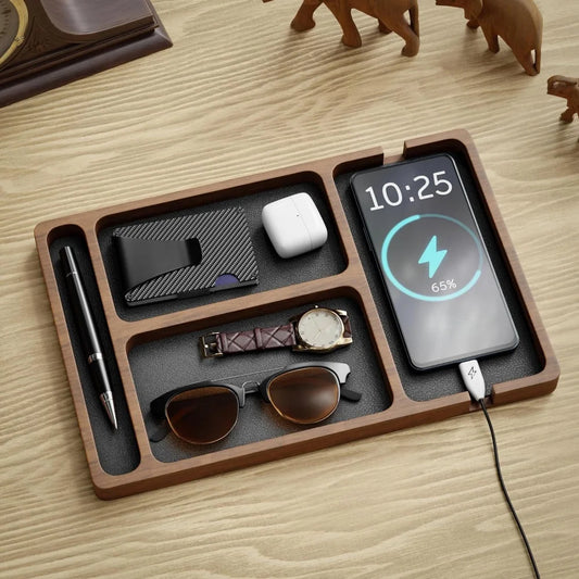 Wooden Office Desktop Storage Box with Solid Wood Grid for Glasses Mobile Phone Earphones and Sundries Wooden Storage Tray