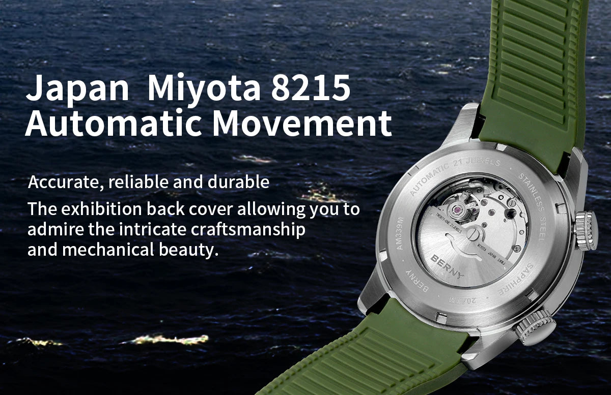 BERNY 20Bar Diver Men Mechanical Watch Miyota 8215 Super Luminous Sapphire Swiming Automatic Self Wind Silicone Men Wristwatch