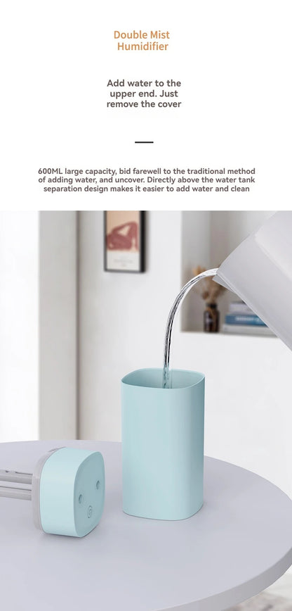 Dual-Nozzle USB Humidifier | 800ml/H Super Mist & Ultra Quiet | Car/Home Moisturizing Device