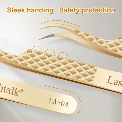 Lashtalk Precision Fiber Tip Tweezer Eyelash Extensions Diamond Grip Anti-Slip Premium Gold Stainless Steel Makeup With Box Pack RELUX.STORE